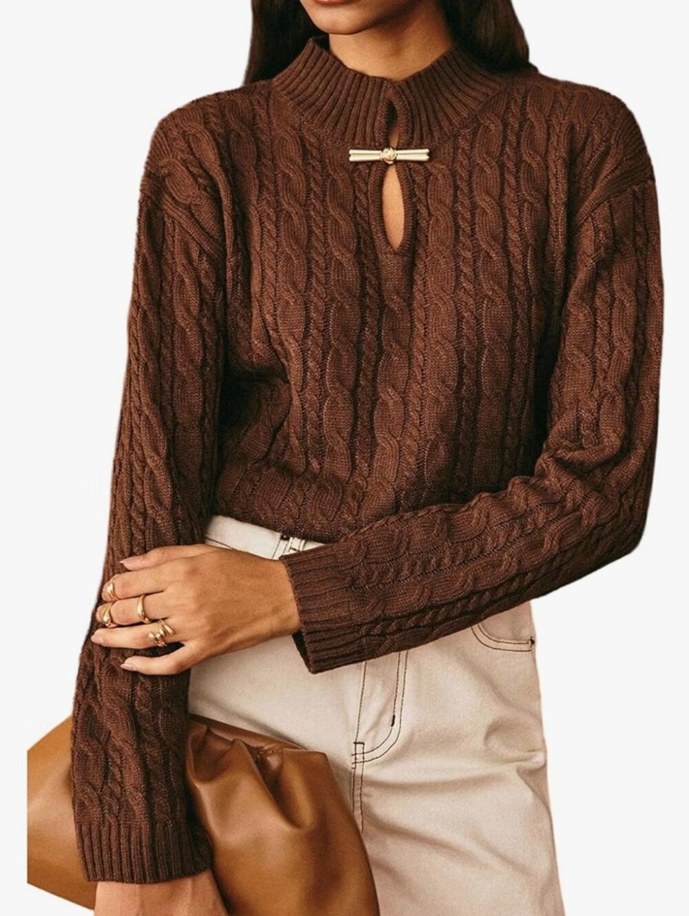 Mock Neck Cable Knit Sweater Metal Decor Long Sleeve Pullover